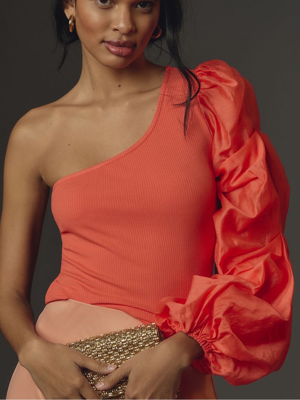 Anthropologie One-Shoulder Puff Sleeve Crop Top - Red